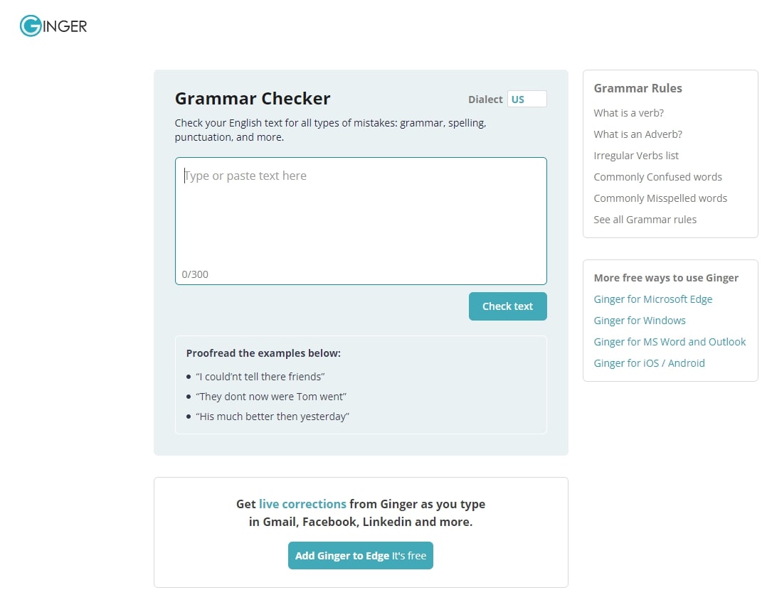 ginger grammar checker main page