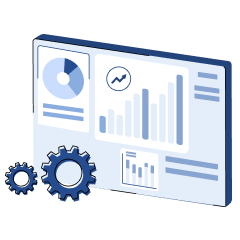 drawing of light blue bar graph on a screen with gears in foreground